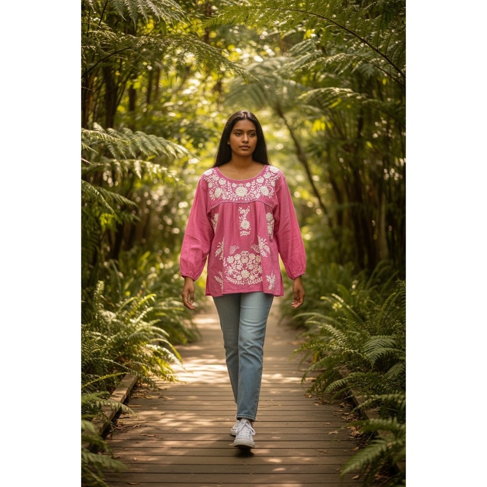 Boho Embroidered Blouse Pink Floral Cottagecore Peasant Top Womens M - Picture 13 of 13